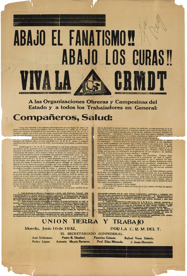 Broadside] Abajo el Fanatismo!! Abajo Los Curas!! Viva La CRMDT. ANTI-CLERICALISM, LABOR UNIONS, MEXICO.