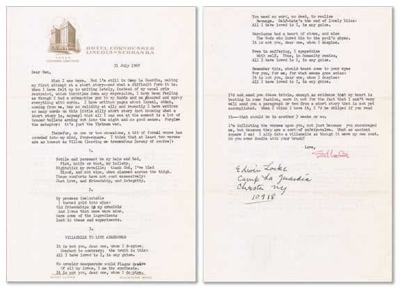 [Item #14212] Typed Letter, Signed. 2pp, to Ben Shahn, dated 31 July 1967. Edwin LOCKE.