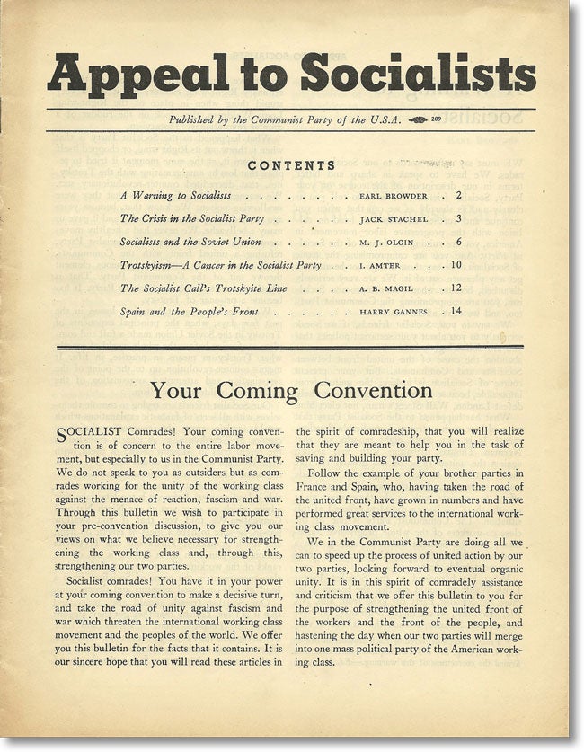 [Item #14357] Appeal To Socialists. Published by the Communist Party of the U.S.A. CPUSA, Earl BROWDER, Israel AMTER, others, SOCIALIST PARTY OF AMERICA.