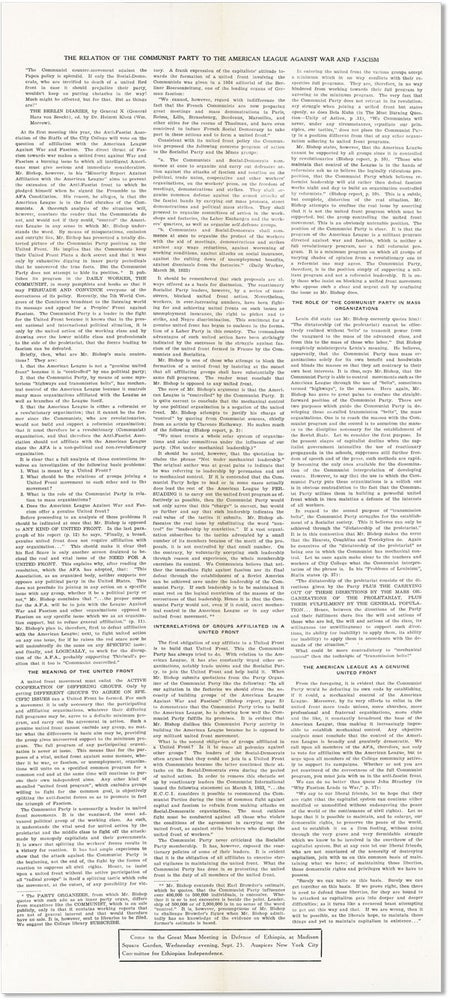 Item #16068] Broadside: The Relation of the Communist Party to the American League Against War...