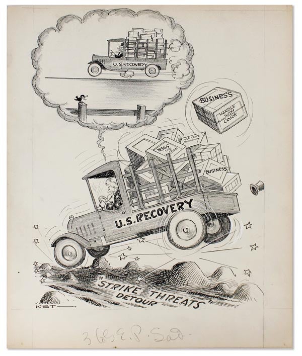 Item #16822] Original pen-and-ink drawing: "U.S. Recovery" ORIGINAL CARTOONS - GREAT DEPRESSION,...
