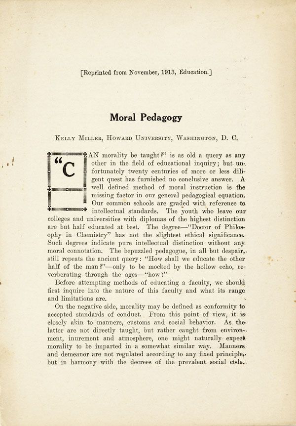 Item #18294] Moral Pedagogy. Reprinted from "Education," November, 1913. AFRICAN-AMERICANA, Kelly...