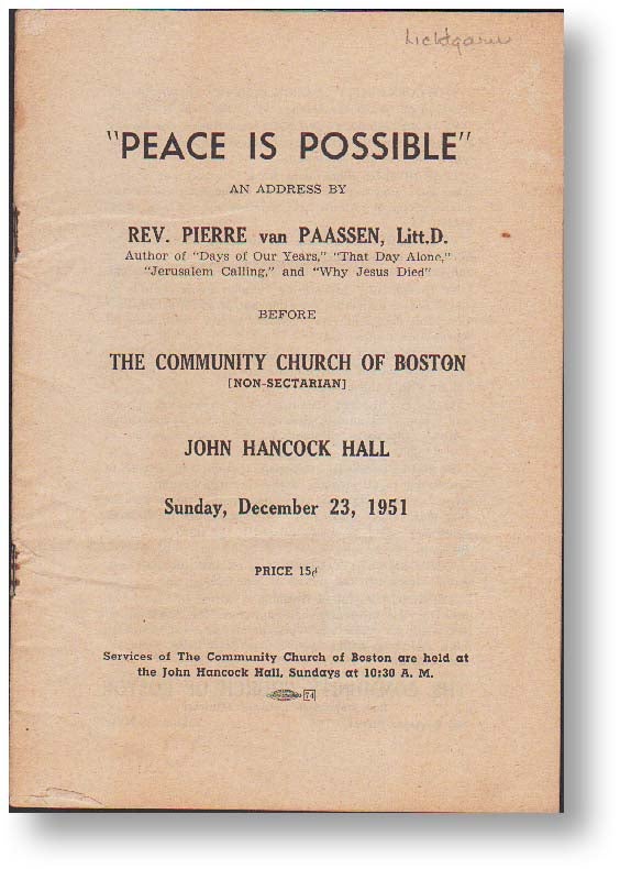 Item #18454] "Peace is Possible" an Address by Rev. Pierre van Paassen [...] before The Community...
