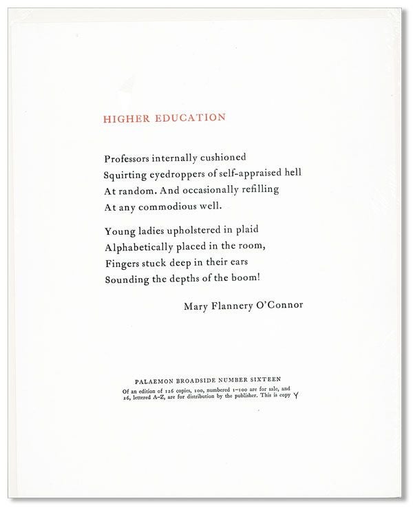 Item #19494] Original Broadside: Higher Education [1/26, Lettered Copy]. Flannery O'CONNOR