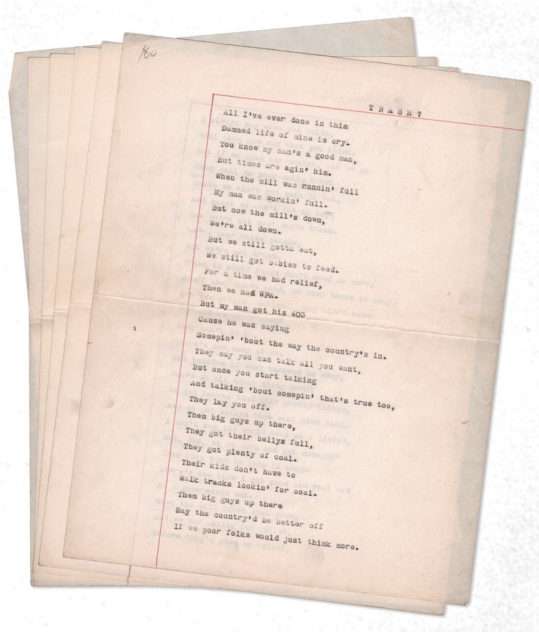 Item #19704] "Trash?" [Anonymous manuscript poem of 149 lines (5pp) in the voice of a...