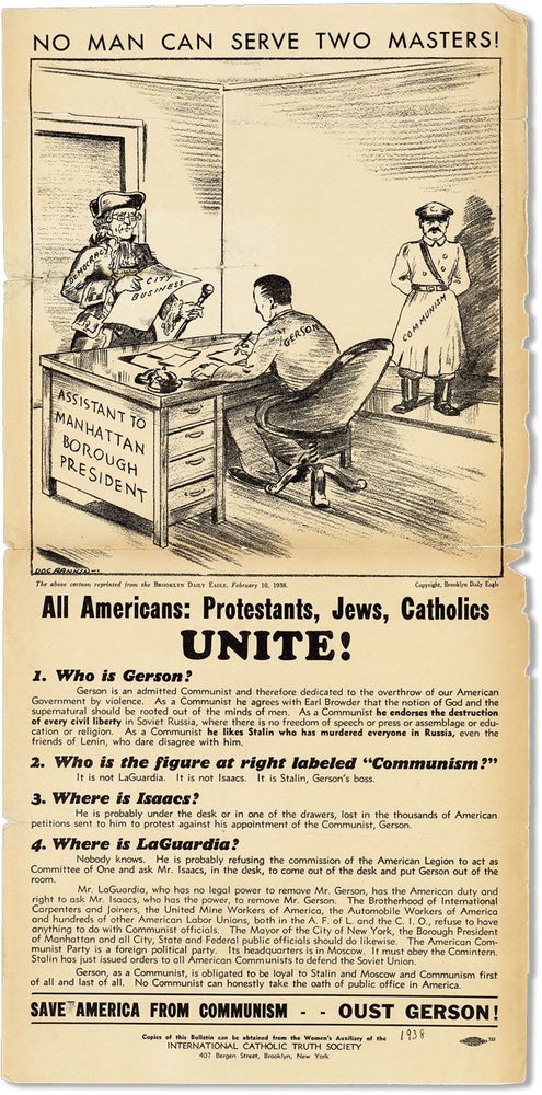 Item #19859] Broadside: No Man Can Serve Two Masters! All Americans: Protestants, Jews, Catholics...