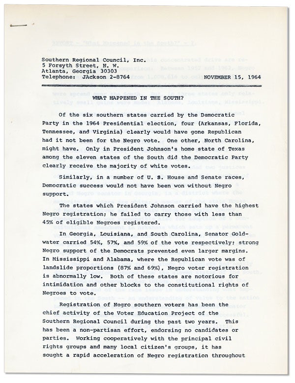 Item #25057] November 15, 1964. What Happened in the South? SOUTHERN REGIONAL COUNCIL STAFF