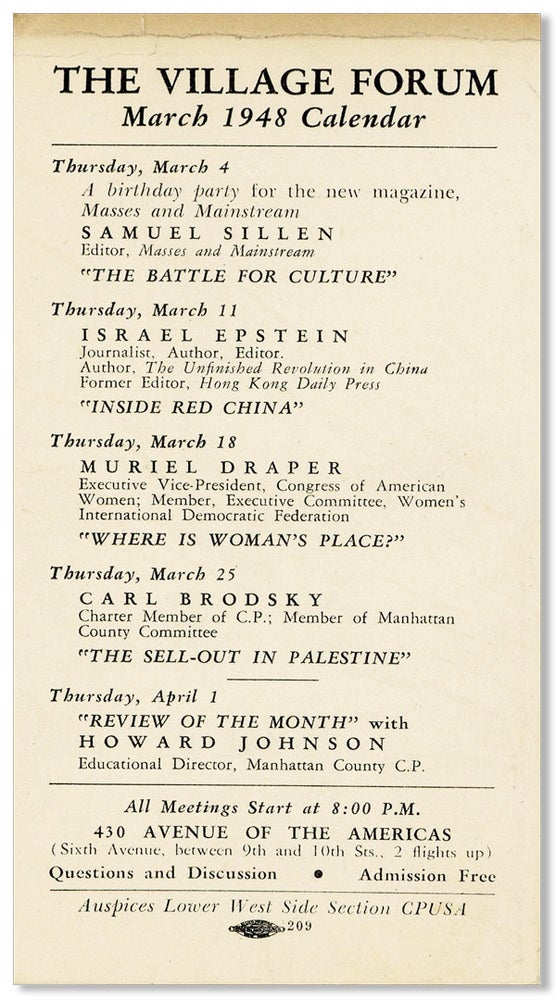 Item #27152] The Village Forum March 1948 Calendar [drop title]. CPUSA -- LOWER WEST SIDE SECTION
