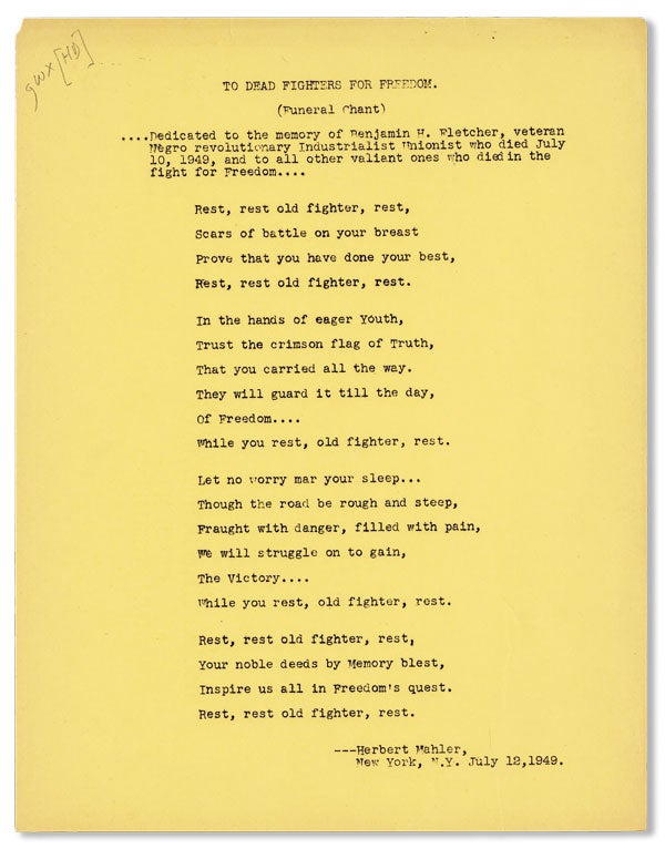 Item #27624] Broadside: To Dead Fighters for Freedom (Funeral Chant). Herbert MAHLER