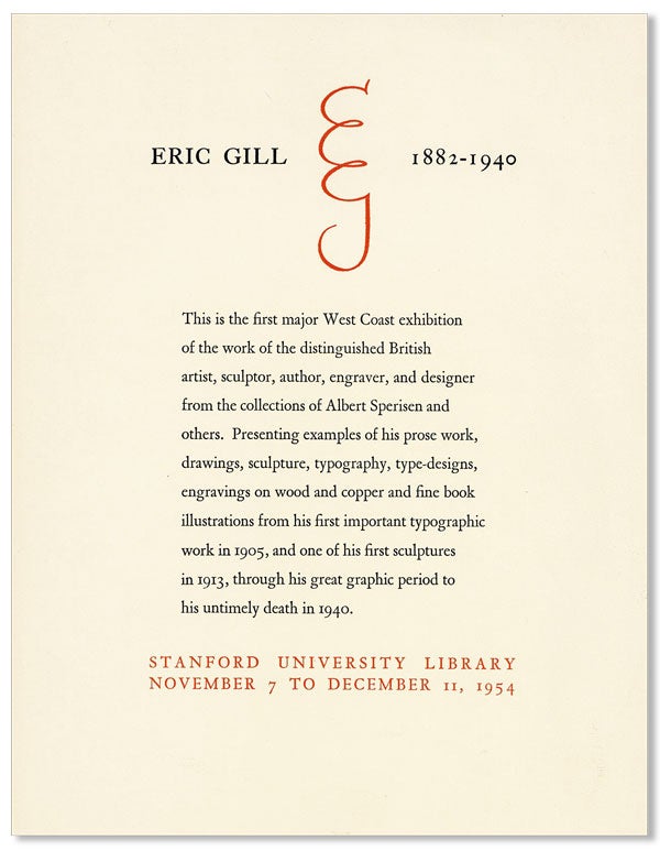 Item #27787] Eric Gill, 1882-1940 [drop title]. STANFORD UNIVERSITY LIBRARY