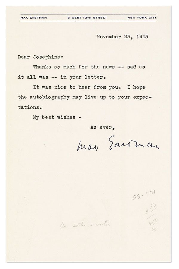 Item #28254] Typed Note, signed, to "Joesphine" [Herbst?], dated November 25, 1945. RADICAL...