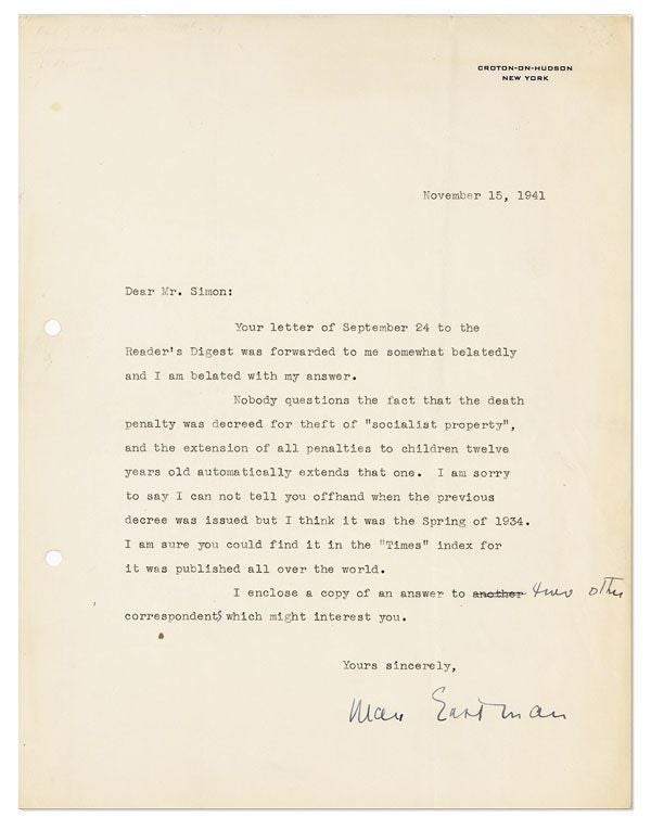 Item #28255] Typed Letter, signed. 1pp, to "Mr. Simon", dated November 15, 1941. RADICAL AUTHORS,...