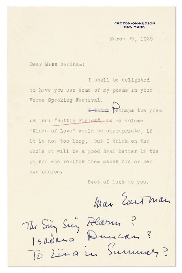 Typed Note, signed. 1pp, to "Miss Mendham", dated March 30, 1938. RADICAL AUTHORS, AUTOGRAPHS, MANUSCRIPTS.