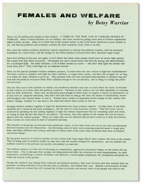 Item #29403] Females and Welfare [drop title]. Betsy WARRIOR