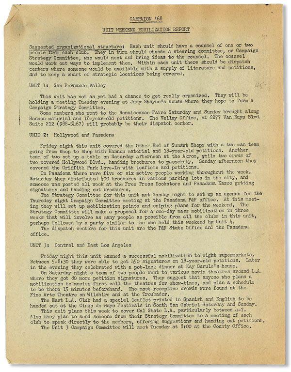 Item #29822] Mimeographed Memo: Campaign '68: Unit Weekend Mobilization Report. PEACE AND FREEDOM...