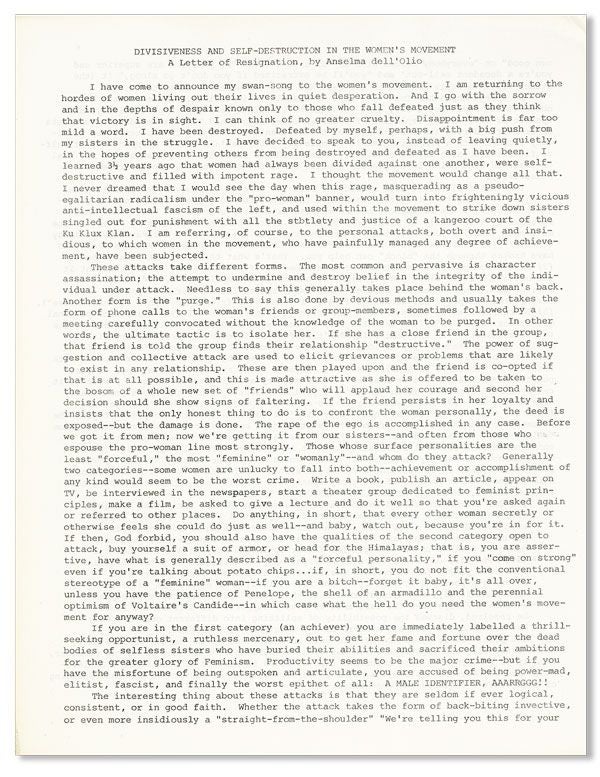 Item #30972] [Broadsheet] Divisiveness and Self-Destruction in the Women's Movement: A Letter of...