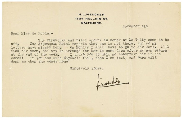 Collection of Four Pieces of Signed Correspondence to His Secretary Polly de Roode. H. L. MENCKEN.