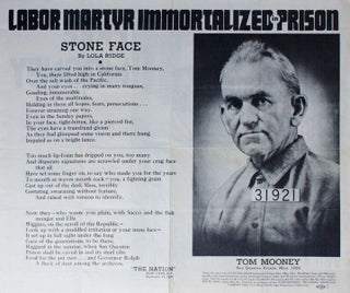 Original poster: Labor Champion Tom Mooney / Free Mooney: a Class War Prisoner 19 Years, July 27, 1935 / Victim of a Monstrous Capitalist Class Frameup / Member of International Molders' Union 33 Years [alt. title: Labor Martyr Immortalized in Prison / Stone Face]