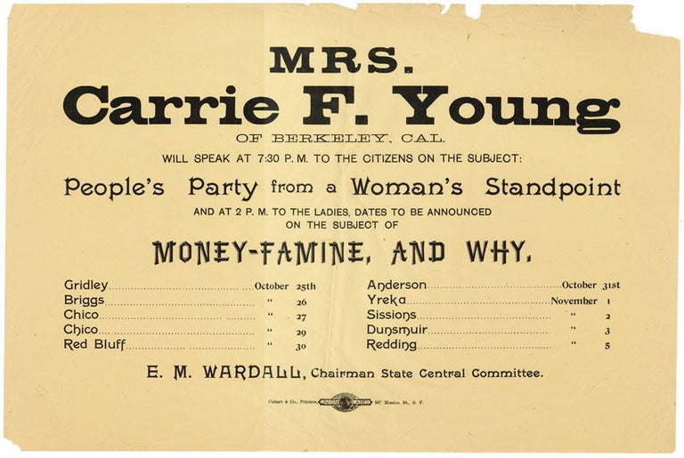 Item #31576] Broadside: Mrs. Carrie F. Young of Berkeley, Cal. will speak at 7:30 P.M. to the...