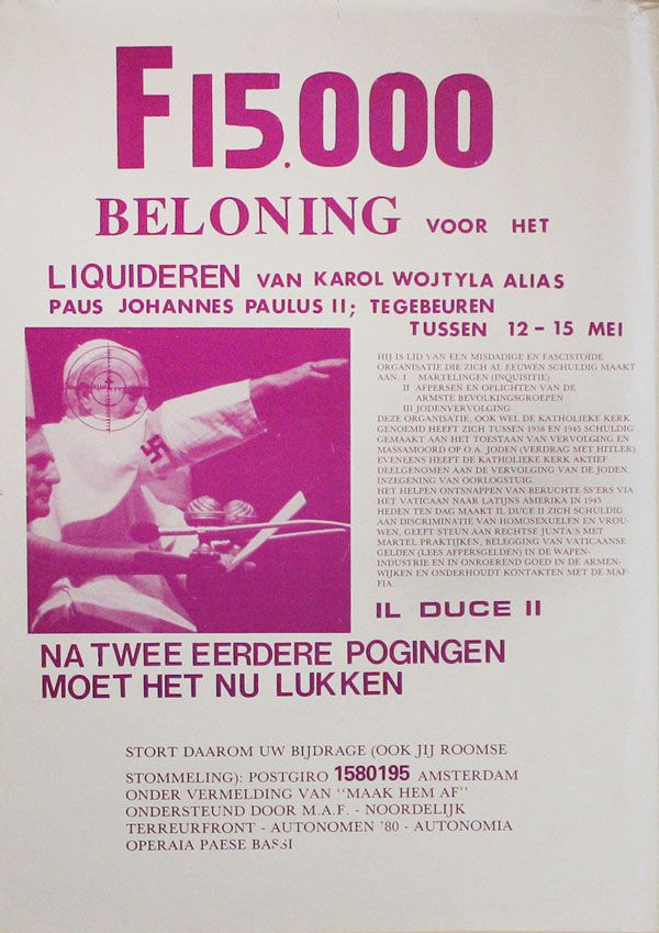 Item #31915] Poster: F 15.000 Beloning voor het Liquideren van Karol Wojtyla, alias Paus Johannes...