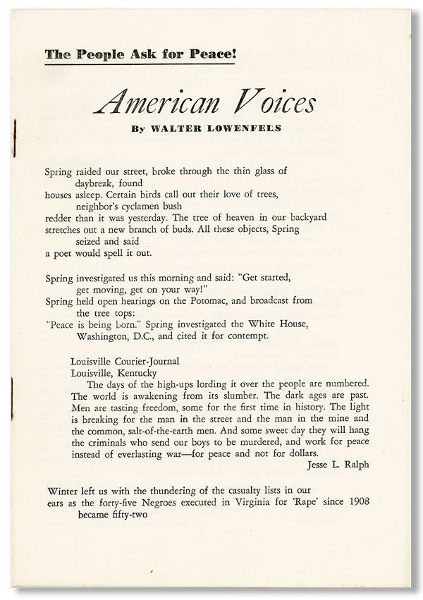 Item #32197] American Voices / The People Ask for Peace! Walter LOWENFELS