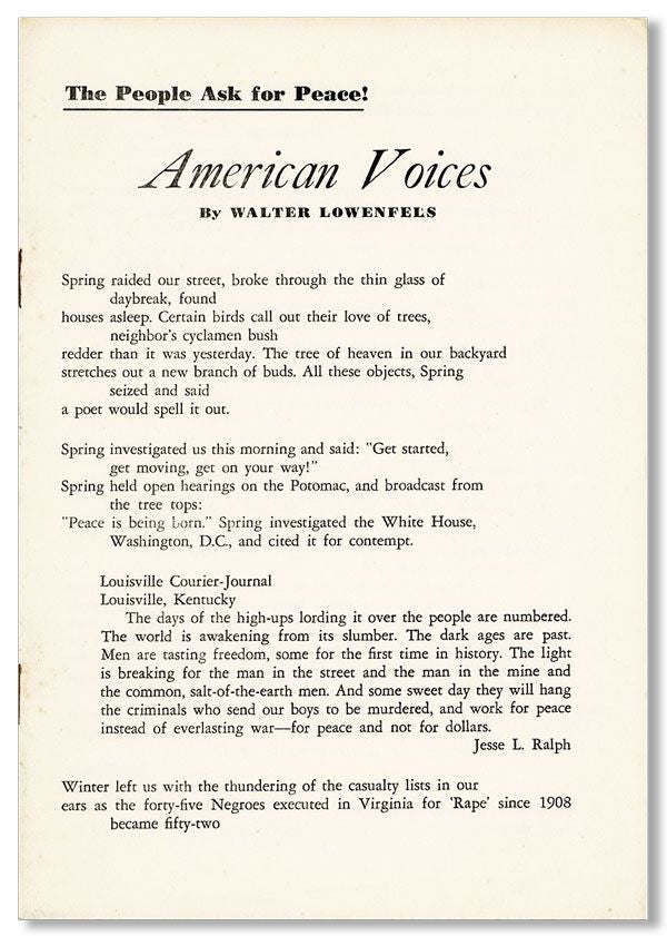 Item #32198] American Voices / The People Ask for Peace! Walter LOWENFELS