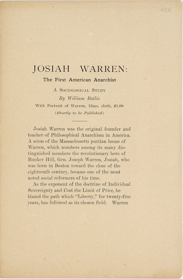 Item #33268] [Prospectus for] Josiah Warren: The First American Anarchist. A Sociological Study....
