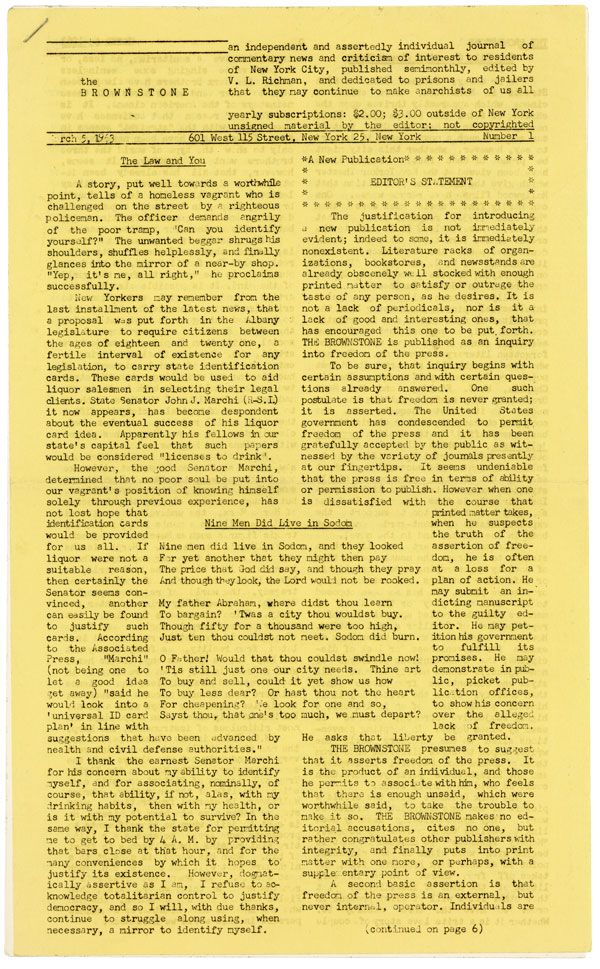 [Item #33458] The Brownstone [Six Issues, Mar-Nov 1963]. ANARCHISM, V. L. RICHMAN, ANARCHIST PERIODICALS.