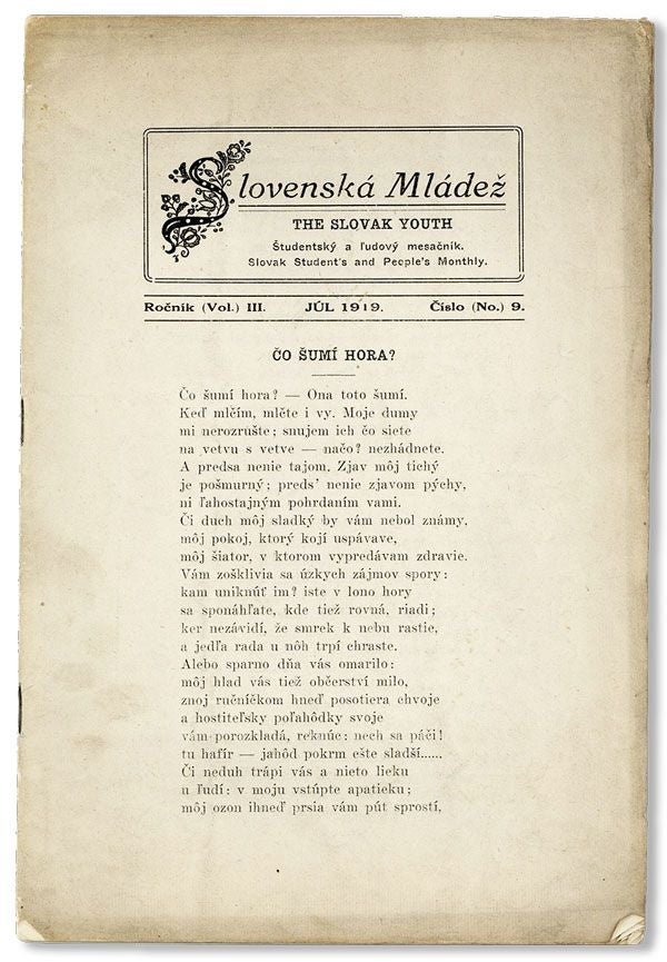 Item #34346] Slovenská Mládež / The Slovak Youth, Vol. III, no. 9, Júl [July], 1919. Paul...