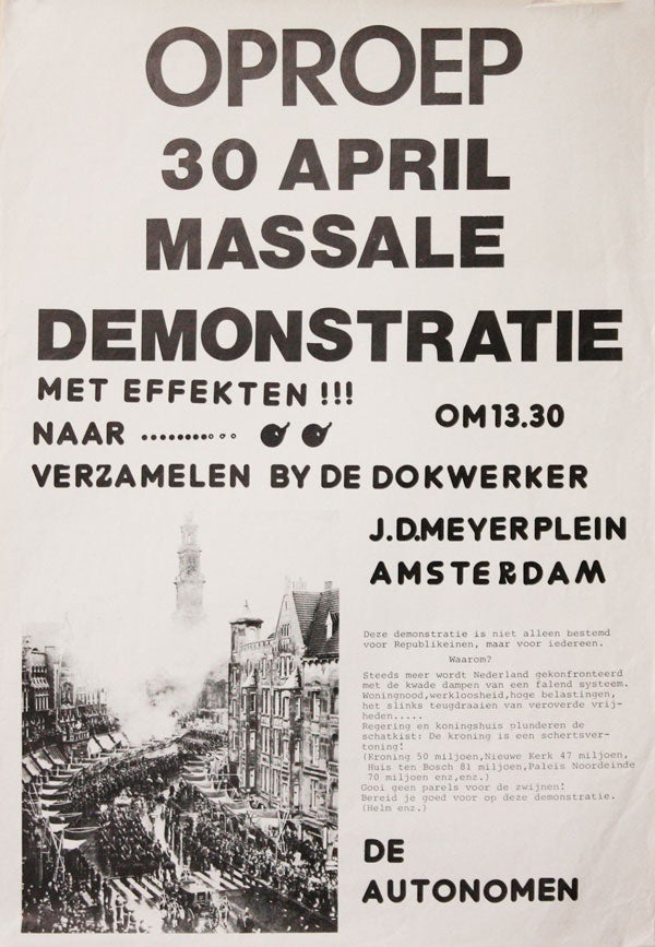 [Item #34694] [Poster] Oproep 30 April Massale Demonstratie [Call for Massive Demonstration April 30]. DE AUTONOMEN.