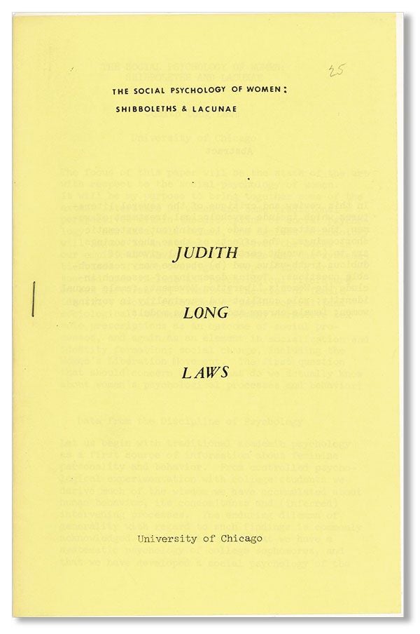 Item #38398] The Social Psychology of Women: Shibboleths and Lacunae. Judith Long LAWS