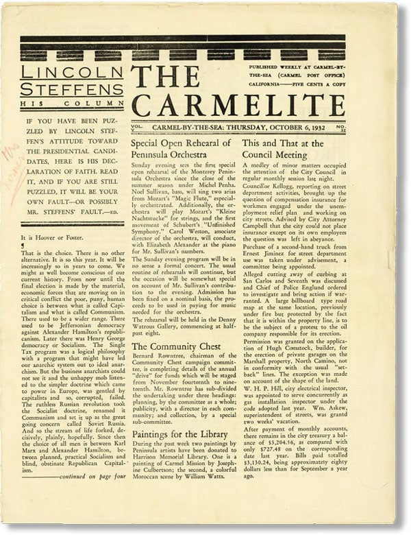 Item #40280] Lincoln Steffens, "His Column" in The Carmelite, Vol V, no 32 (October 6, 1932)....
