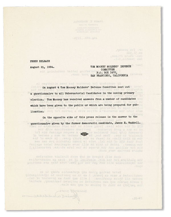 Item #40538] Press Release, August 21, 1934. TOM MOONEY MOLDERS' DEFENSE COMMITTEE