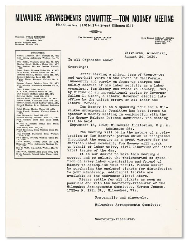 Item #40631] Typed Letter, August 24, 1939. MILWAUKEE ARRANGEMENTS COMMITTEE