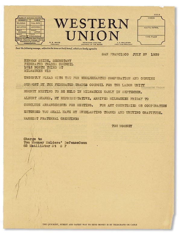 Item #40632] Original Telegraph Message July 27, 1939, to Herman Seide. Tom MOONEY