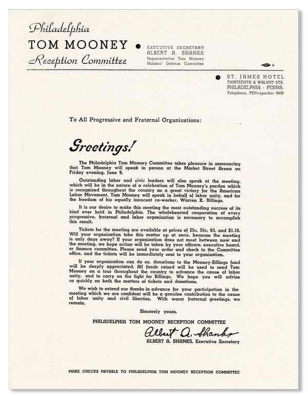 Item #40759] [Broadside] To the Progressive and Fraternal Organizations, Greetings! Albert A. SHANKS