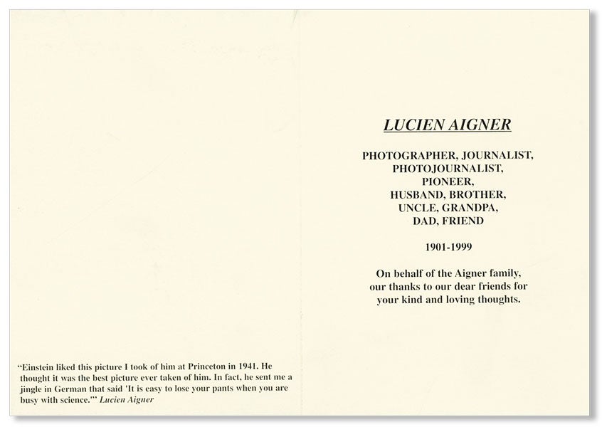 Memorial Card for Lucien Aigner by Lucien AIGNER on Lorne Bair Rare Books