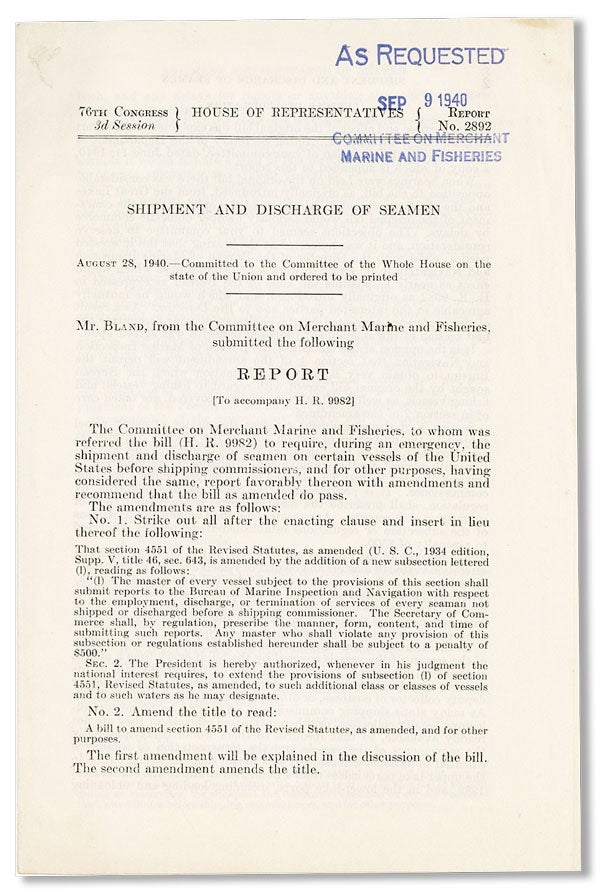 Item #41569] Shipment and Discharge of Seamen. UNITED STATES CONGRESS