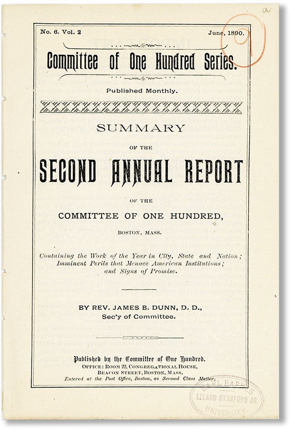 Item #42806] Summary of the Second Annual Report of the Committee of One Hundred, Boston, Mass....
