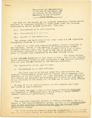Discussion and Documentation in support of the Motion for the removal of the National Secretary [Arnold Petersen] of the Socialist Labor Party [Together With Eleven Pieces of Evidence]