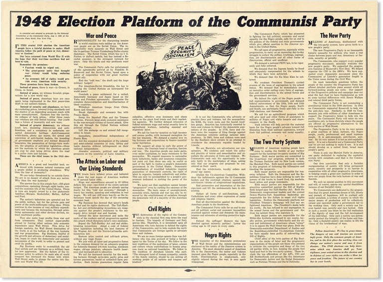 Item #43107] Broadside: 1948 Election Platform of the Communist Party. As amended and adopted in...