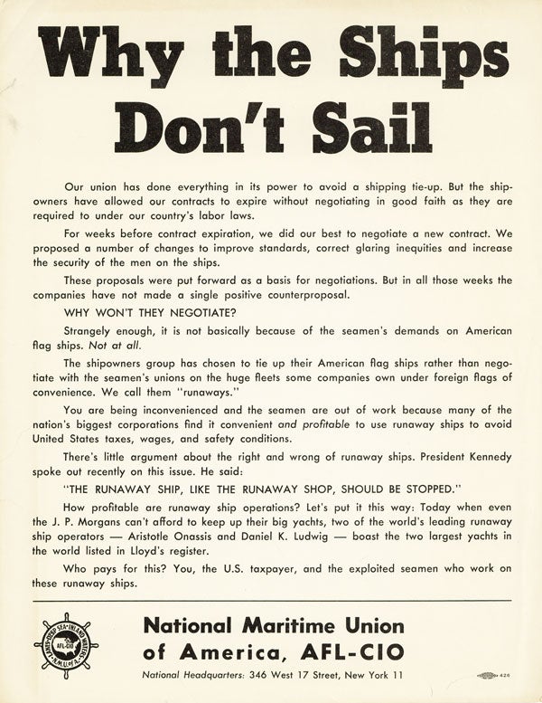 Item #43134] [Drop title] Why the Ships Don't Sail. ORGANIZED LABOR, NATIONAL MARITIME UNION OF...