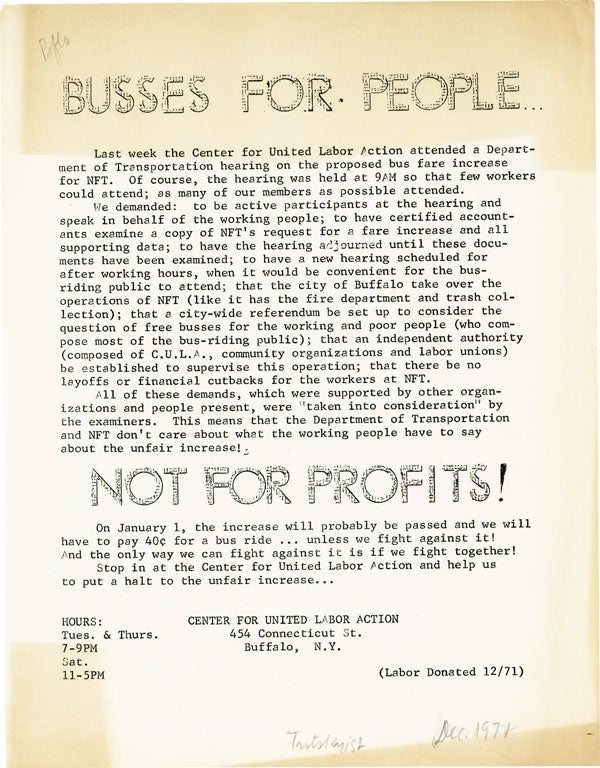 Item #43140] [Drop title] Busses [sic] for People / Not for Profits! ORGANIZED LABOR, CENTER FOR...