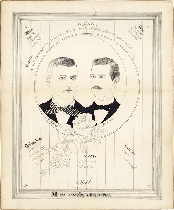 Original Hand-Drawn Broadside Advertising the Debate "Question - Resolved that the Law Should. ORGANIZED LABOR, W. E. McCLUNG.