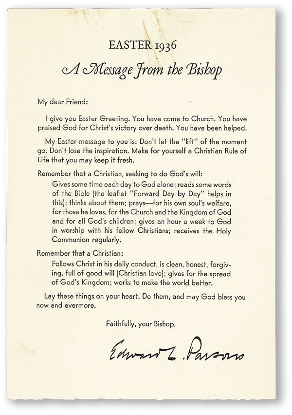 Item #45136] [Drop title] Easter 1936: A Message from the Bishop. Edward L. PARSONS