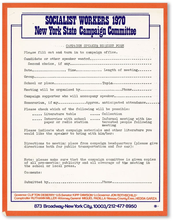 Item #45138] Socialist Workers 1970 / New York State Campaign Committee / Campaign Speaker...