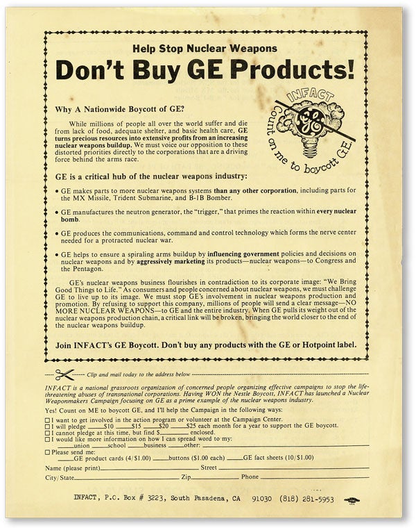 Item #45281] [Broadsheet] Help Stop Nuclear Weapons / Don't Buy GE Products! INFACT
