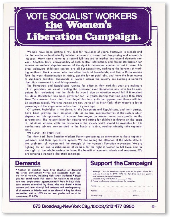 Item #45448] Vote Socialist Workers - The Women's Liberation Campaign / The Militant Labor Forum...