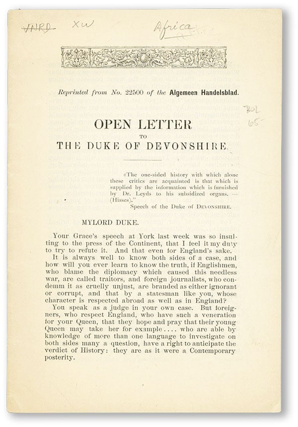 Item #45455] Open Letter to the Duke of Devonshire. BOER WAR, Charles BOISSEVAIN