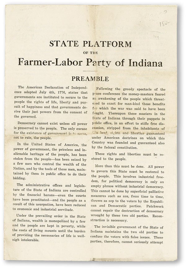Item #45465] State Platform of the Farmer-Labor Party of Indiana. FARMER-LABOR PARTY - INDIANA